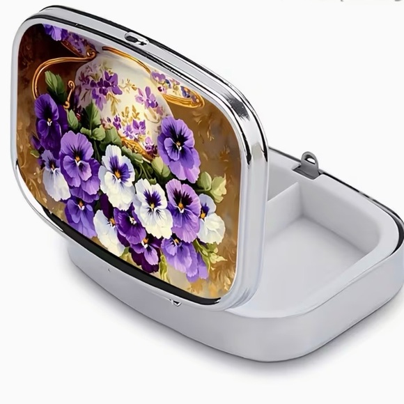 Pansy Floral Nature Inspired Pill Organizer 2-Compartment Compact Pill Case New - Picture 7 of 11